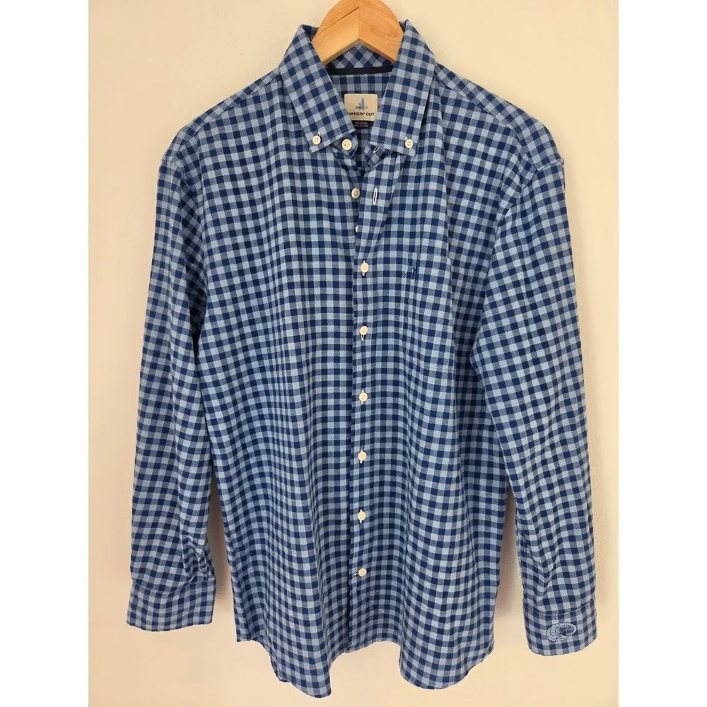 Johnnie-O Hangin Out Mens Blue Gingham Button Down Shirt Gator Creek Logo Medium